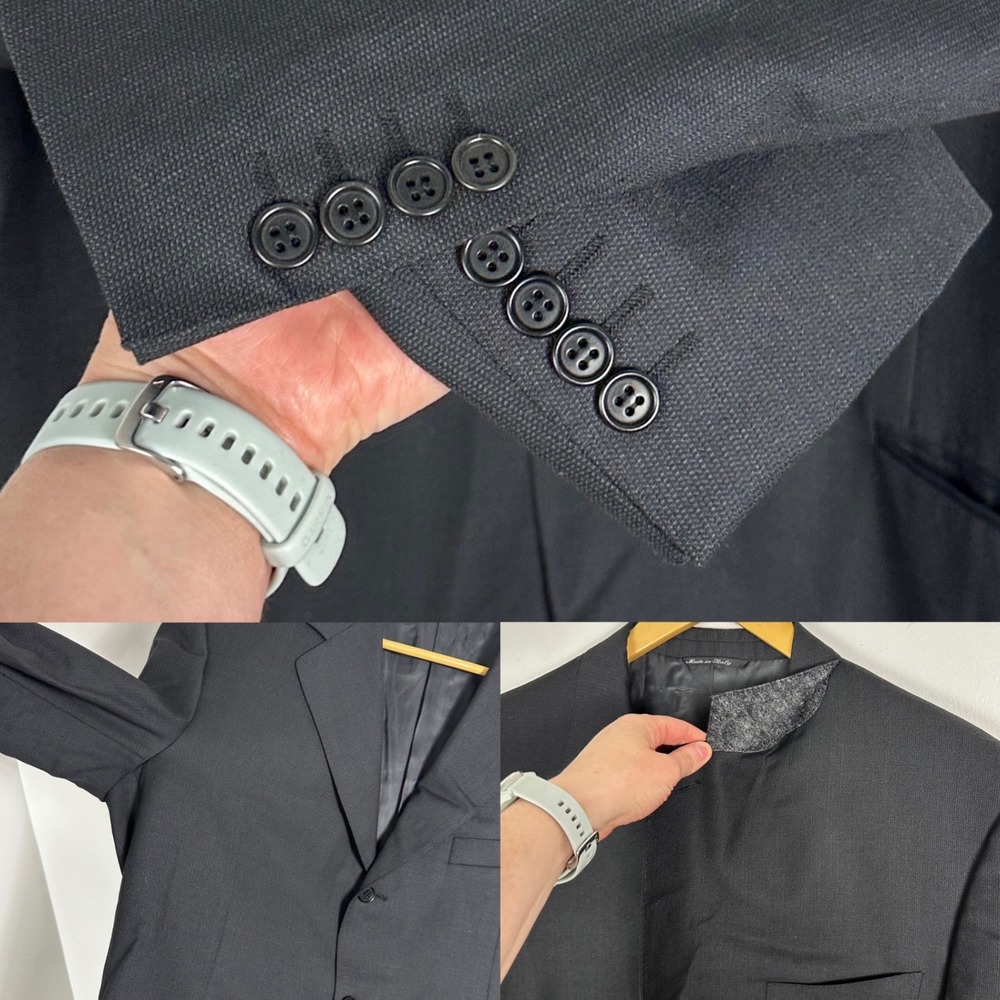 Canali Mens Suit Sz 44R Wool 3-Button Blazer Pleated Cuffed Trousers Black Italy - Picture 8 of 16